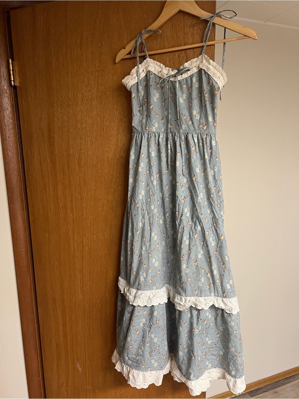 Christy Dawn Pansy Blued Powder Blue Floral Dress with Cream Lace